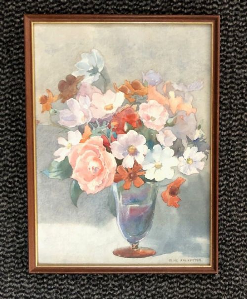 fig 1. Olive Higginbottom Signed Original early 20th Century Antique Watercolour Painting Still Life Flowers in a Glass Vase Painting No.12