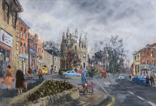 Angus Rands Signed Original Mid 20th Century Vintage Pastel Painting Drawing Selby Town Centre Yorkshire Townscape Landscape