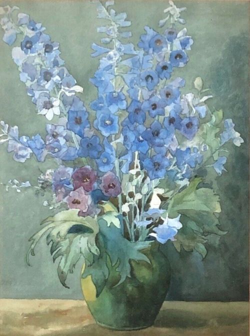 Olive Higginbottom Original Early 20th Century Antique Watercolour Painting Blue Delphiniums in a Green Vase Painting  No.1