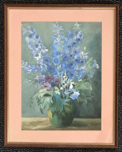 fig 1. Olive Higginbottom Original Early 20th Century Antique Watercolour Painting Blue Delphiniums in a Green Vase Painting No.1