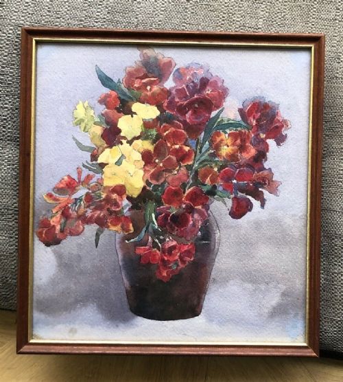 fig 1. Olive Higginbottom Original Early 20th Century Antique Watercolour Painting Still Life Flowers in a Purple Vase Painting No.17