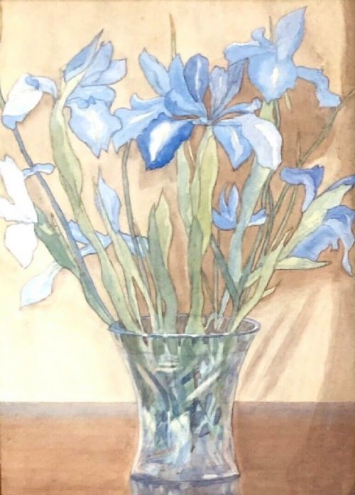 Olive Higginbottom Original early 20th Century Antique  Watercolour Painting Blue Iris Flowers in a Glass Vase Still Life Study Painting No.13