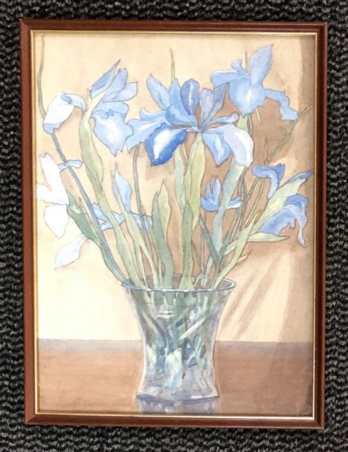 fig 1. Olive Higginbottom Original early 20th Century Antique Watercolour Painting Blue Iris Flowers in a Glass Vase Still Life Study Painting No.13