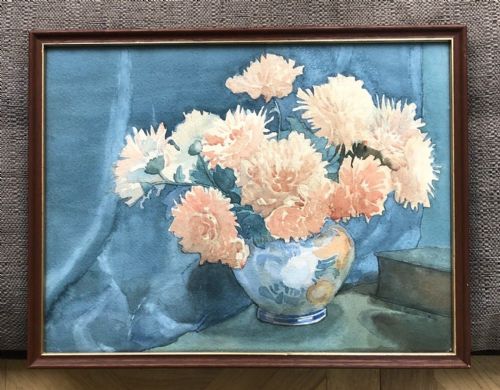 fig 1. Olive Higginbottom Original Early 20th Century Antique Watercolour Painting Chrysanthemum Flowers in a Vase Painting No. 21