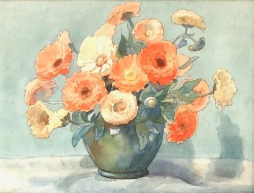 Olive Higginbottom Original early 20th Century Antique Watercolour Painting Still Life Study of Orange Flowers in a Vase Painting No.10