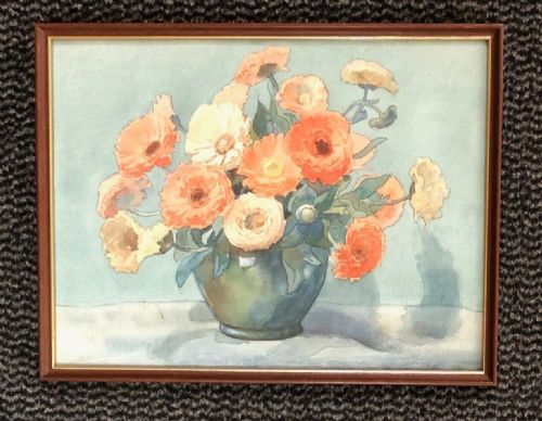 fig 1. Olive Higginbottom Original early 20th Century Antique Watercolour Painting Still Life Study of Orange Flowers in a Vase Painting No.10