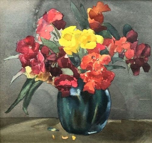 Olive Higginbottom Original early 20th Century Antique Watercolour Painting Still Life Red & Yellow Flowers in a Vase Painting No. 18