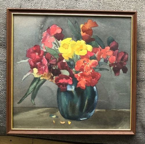 fig 1. Olive Higginbottom Original early 20th Century Antique Watercolour Painting Still Life Red & Yellow Flowers in a Vase Painting No. 18