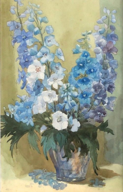 Olive Higginbottom Original Early 20th Century Antique Watercolour Delphinium Still Life Flowers Painting No.2