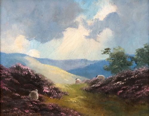 Lewis Creighton Signed Original Mid 20th Century Vintage Oil Painting on Panel Sheep on Yorkshire Moors Landscape