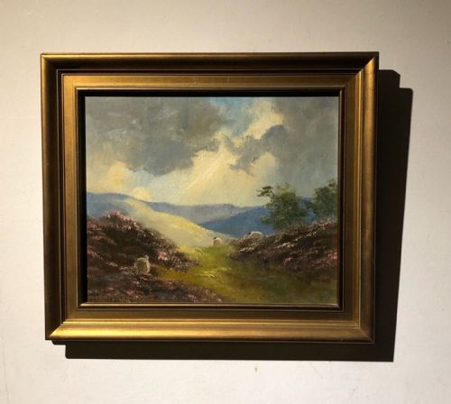 fig 1. Lewis Creighton Signed Original mid 20th Century Vintage Oil Painting on Panel Sheep on Yorkshire Moors Landscape