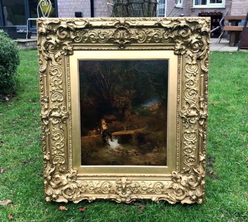 fig 1. Signed J Brooke 1857 Original Mid 19th Century Antique Oil Painting on Wood Panel Harvesters Landscape & Ornate Wooden Gilt Frame