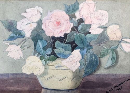 Olive Higginbottom 1945 Signed Original Watercolour Painting Still Life Flower Study of Roses in a Bowl Painting No. 24