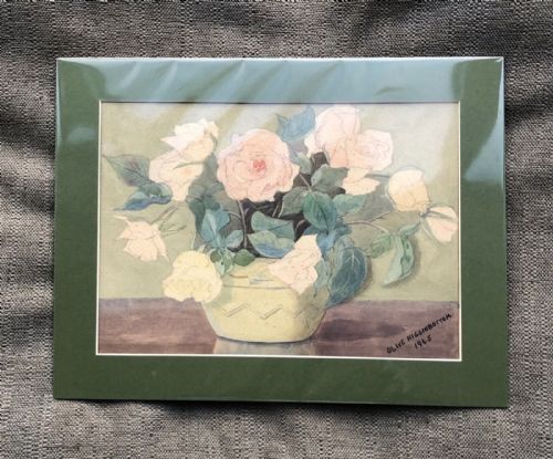 fig 1. Olive Higginbottom 1945 Signed Original Watercolour Painting Still Life Flower Study of Roses in a Bowl Painting No. 24