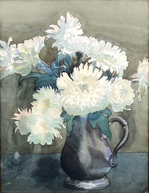 Olive Higginbottom Original Early 20th Century Antique Watercolour Painting Still Life White Chrysanthemums Flower Study No.15
