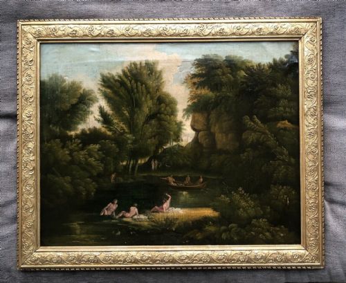 fig 1. Hendrik Frans Van Lint 1737 Signed Original Early 18th Century Antique Oil Painting on Canvas Nudes Bathing in a Baroque Landscape