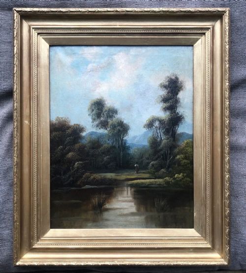fig 1. Original 19th Century Antique Oil Painting on Canvas figure by a Lake English Landscape