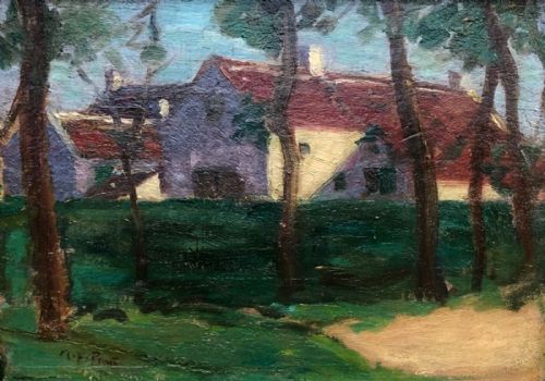 Margaret Fisher Prout 1931 Signed Original Early 20th Century Art Deco Antique Oil Painting on Wood Panel Springtime in Sussex English Landscape