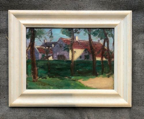 fig 1. Margaret Fisher Prout 1931 Signed Original Early 20th Century Art Deco Antique Oil Painting on Wood Panel Springtime in Sussex English Landscape