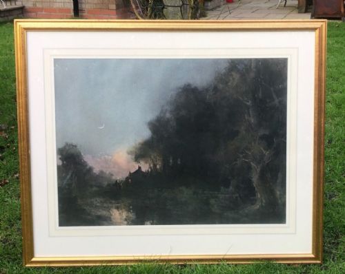 Stephen Frank Wasley Original Large Late 19th Century Antique Watercolour Painting Moonlight Near Shincliffe Durham English Landscape