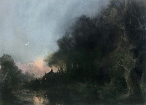 fig 1. Stephen Frank Wasley Original Large Late 19th Century Antique Watercolour Painting Moonlight near Shincliffe Durham English Landscape