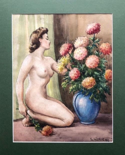 fig 1. Tom Whitehead 1944 Signed Original 1944 Vintage Watercolour Painting Nude Female Seated by Flowers in a Blue Vase Still Life