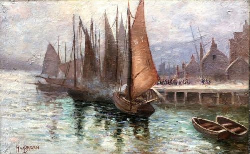 H W Beavan Signed Original Late 19th Century Antique Oil Painting on Canvas Boats Moored in Whitby Harbour Yorkshire Coast Landscape