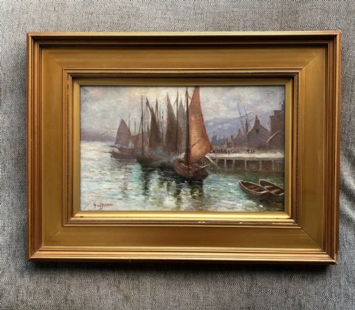 fig 1. H W Beavan Signed Original Late 19th Century Antique Oil Painting on Canvas Boats Moored in Whitby Harbour Yorkshire Coast Landscape