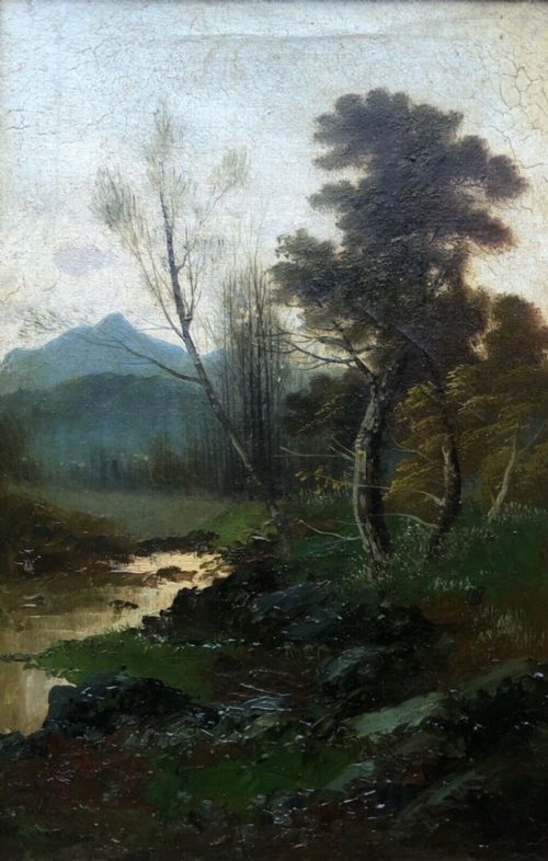 fig 1. Pair of Original Late 19th Century Antique Oil Paintings on Canvas River & Mountain English Landscapes