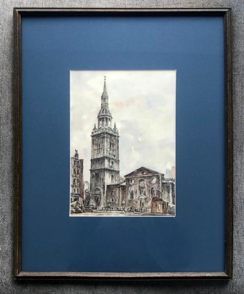 James Wilkie 1944 Original 20th Century Ww2 War Exhibition Label Watercolour Watling Street London English Cityscape