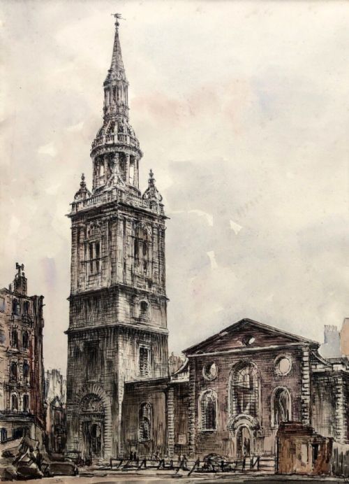 fig 1. James Wilkie 1944 Original 20th Century WW2 War Exhibition Label Watercolour Watling Street London English Cityscape