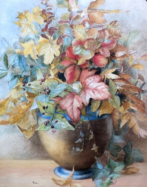 fig 1. Original Early 20th Century Antique Watercolour Painting Still Life Study of Autumn Leaves & Berries With E.S.K. (Examined School of South Kensington) Stamp