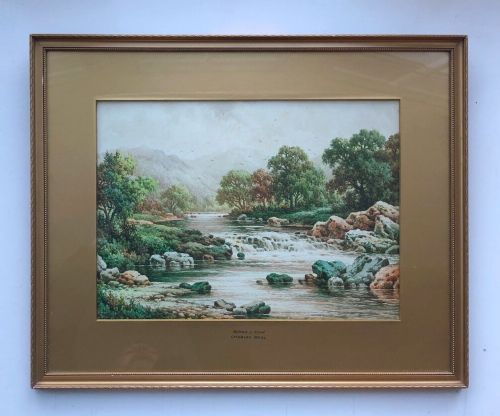 fig 1. A 19th-century watercolour painting depicting a cascading river surrounded by trees, rocks, and distant hills in Betws-y-Coed, Wales.