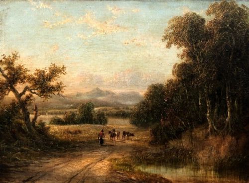 Early 19th Century Antique Scottish School Original Oil Painting on Canvas Cattle & Distant Hills Landscape