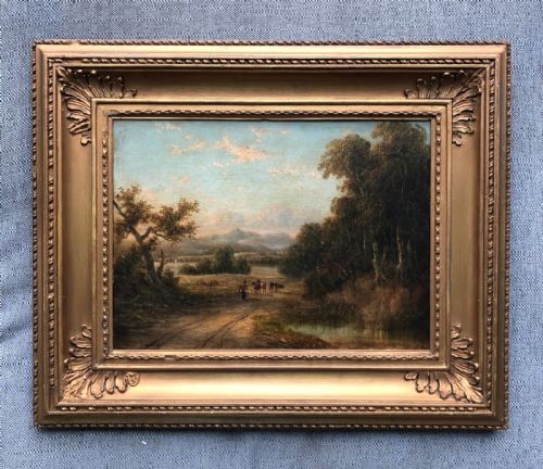fig 1. Early 19th Century Antique Scottish School Original Oil Painting on Canvas Cattle & distant Hills Landscape