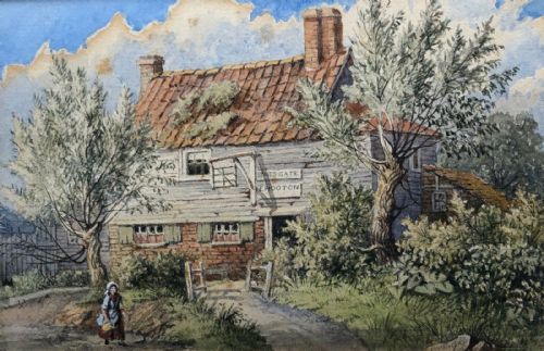 fig 1. Indistinctly Signed English School Original 19th Century Antique Watercolour Painting Country Pub & Figure Bones Gate Chessington Landscape