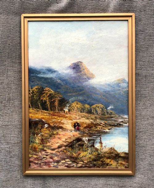 Frank Hider Signed Original Late 19th Century Antique Oil Painting on Board Mountain & Loch Scottish Landscape