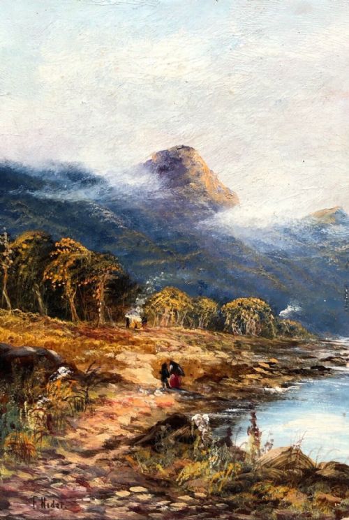 fig 1. Frank Hider Signed Original Late 19th Century Antique Oil Painting on Board Mountain & Loch Scottish Landscape