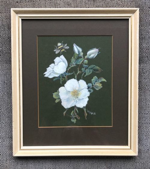L E Hole Signed Original Mid 20th Century Gouache Watercolour Painting White Rose & Bee Still Life Flower Study