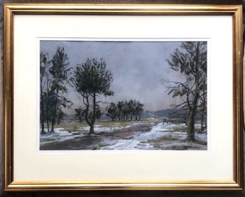 fig 1. Angus Rands Original mid 20th Century Vintage Painting Helmsley Bank in the Snow Yorkshire Landscape