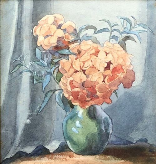 Olive Higginbottom Early 20th Century Original Antique Watercolour Still Life Painting Hydrangea Flowers in a Green Vase Painting No 14