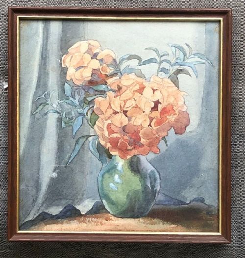 fig 1. Olive Higginbottom Early 20th Century Original Antique Watercolour Still Life Painting Hydrangea Flowers in a Green Vase Painting No 14