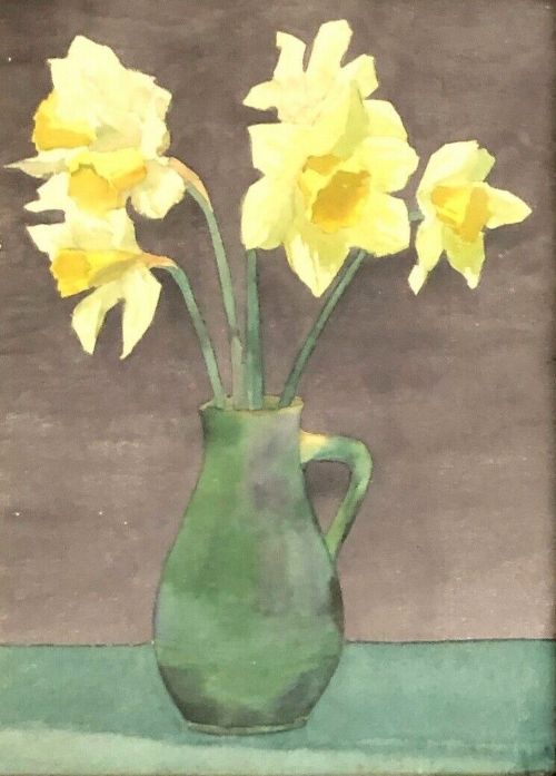 Olive Higginbottom Original Early 20th Century Antique Watercolour Still Life Study  Daffodils in a Green Jugs Painting No. 7