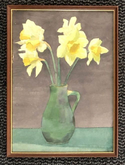 fig 1. Olive Higginbottom Original Early 20th Century Antique Watercolour Still Life Study Daffodils in a Green Jugs Painting No. 7
