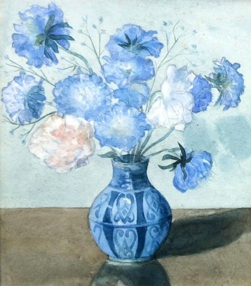 Olive Higginbottom Original Early 20th Century Antique  Watercolour Painting Corn Flowers in a Blue Vase No. 22