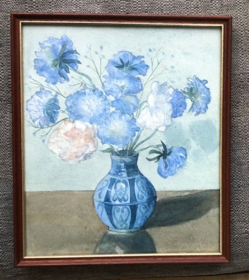 fig 1. Olive Higginbottom Original Early 20th Century Antique Watercolour Painting Corn Flowers in a Blue Vase No. 22