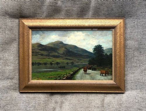 fig 1. J Gibb Signed Original 19th Century Antique Oil Painting on Board Highland Cattle by Loch Scottish Highland Landscape with Additional Artist Sketch Verso