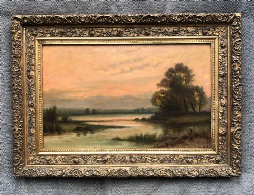 fig 1. Signed with initials JW Original 19th Century Antique Oil Painting on Board Sunset Lake English Landscape