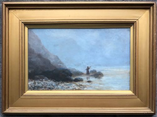 Signed H W Beavan '08 Original Early 20th Century Antique Oil Painting on Canvas Figure by the Shoreline on Yorkshire Coast English Seascape
