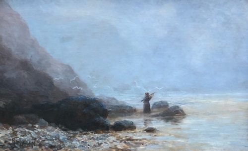 fig 1. Signed H W Beavan '08 Original early 20th Century Antique Oil Painting on Canvas Figure by the Shoreline on Yorkshire Coast English Seascape